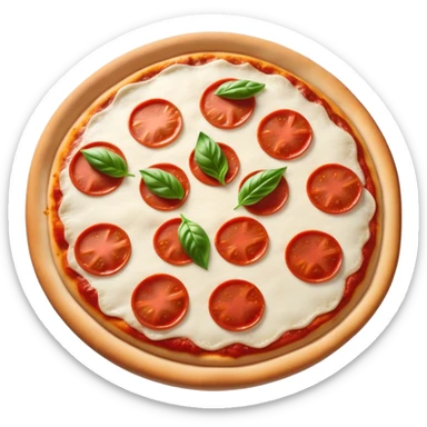 Cinematic Realistic Pizza Napoletana Dish Emoji, depicted as a classic thin‚Äêcrust pizza topped with vibrant tomato sauce, fresh mozzarella, and basil rendered with mouth‚Äêwatering textures and warm natural lighting. sticker