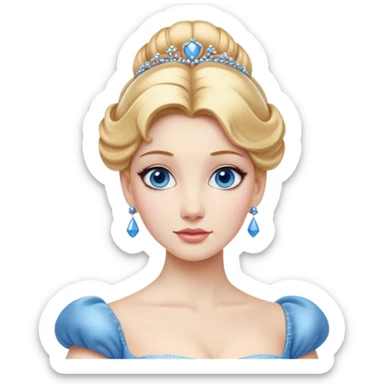 Cinematic Realistic Noble Cinderella Portrait, depicted with porcelain skin rendered in lifelike detail and soft, natural lighting that highlights every delicate nuance. Her intricately styled golden-blonde hair is arranged in an elegant updo, and her deep, expressive blue eyes radiate quiet determination. She wears her classic ball gown with rich fabric textures and delicate folds catching the light beautifully, all set against a subtly glowing, natural background that captures the essence of timeless royal grace. sticker