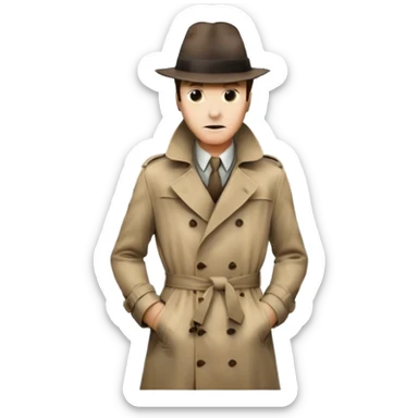Icon for Detective Movie: A vintage movie poster-style design featuring a mysterious detective, shadowy alleys and a foggy cityscape. Include classic noir elements like a fedora, trench coat, and a dimly lit street. Bold typography and retro cinematic style. Transparent background. sticker
