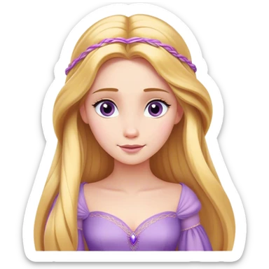 Cinematic Elegant Rapunzel Portrait Emoji, rendered in a realistic, vector-style with minimal shading and bold, simplified shapes. Depict Rapunzel (chest and above) with fair, porcelain skin, long, flowing golden hair cascading gracefully, and soft, gentle eyes, wearing her iconic light purple gown. The image glows with a soft, enchanting radiance and high shine, capturing timeless fairy-tale beauty. sticker