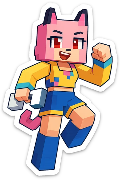 Extract the leftmost character with pink outfit and cat ears from the image, fully visible and separate, preserving the original Minecraft cartoon style and appearance, with a transparent background. sticker