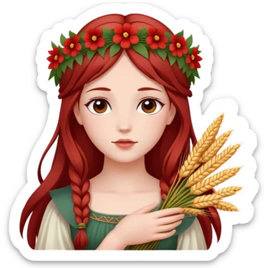 In Greek mythology, Persephone is often depicted as a young goddess with fair skin and dark red, straight hair. She is typically shown wearing a wreath of flowers and holding symbols like sheaves of grain or a flaming torch.  sticker