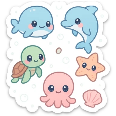 super kawaii soft pastel summer sea theme for LINE app, featuring a cute baby whale, dolphin, sea turtle, octopus, starfish, and seashells, all chibi characters with big sparkling eyes, each character large and spaced apart with no overlaps, bolder outlines, soft shadows, high contrast, soft gradient aqua blue background with floating bubbles, minimal clean layout, high quality, PNG, transparent background, 9:16 aspect ratio sticker