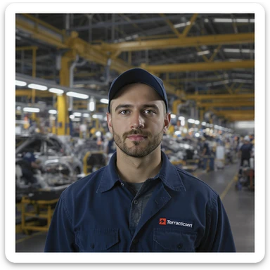 Realistic car factory, detailed machinery, industrial atmosphere, workers in uniforms, assembly lines with cars in production, realistic lighting and shadows, large warehouse-like structure with high ceilings, metal beams, and industrial equipment, realistic style sticker