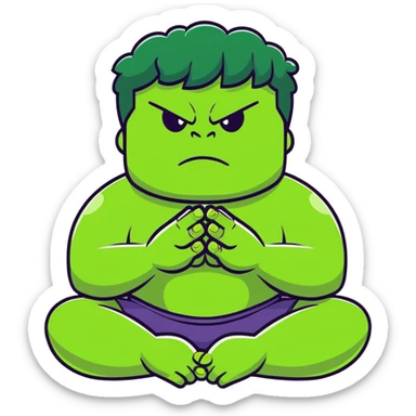 Hulk calming down, green superhero transitioning from angry to peaceful, breathing deeply, meditation pose, relaxing expression sticker