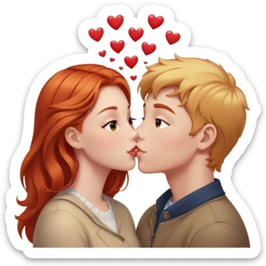 Red head girl with light skin and light brown eyes kissing on the lips with a blonde boy with fair skin and brown eyes, they both being in love with each other. Little hearts flying around them.  sticker