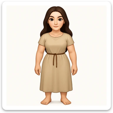 Fullbody Mary Magdalene, athletic and curvy, very pretty detailed face, simple light tan dress, no hood, dark hair, arms lowered to a normal pose with hands by hips, in emoji style. sticker