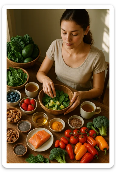 A realistic, cinematic flat-lay image of a clean wooden kitchen table filled with fresh, colorful whole foods known to help reduce androgen excess naturally. The table includes leafy greens like spinach and kale, avocados, berries, colorful vegetables, nuts, seeds (chia and flaxseeds), wild-caught salmon, and herbal teas, carefully arranged in an aesthetically pleasing, organized manner. A small glass bowl with olive oil and another with turmeric powder are included, emphasizing anti-inflammatory properties. In the scene, a young woman with clear, healthy skin and a calm expression is preparing a bowl with these ingredients, symbolizing a hormone-balancing diet. Warm, natural daylight streams in, creating a cozy and inviting atmosphere. The style is hyper-realistic 35mm photography, with vibrant yet soft colors, showcasing textures of the fresh produce and the peaceful vibe of using nutrition to support hormonal balance in italiano sticker