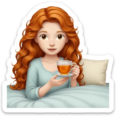 Girl with long ginger wavy hair in the bed with cup of tea sticker