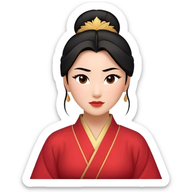 Cinematic Elegant Mulan Portrait Emoji, rendered in a flat, vector-style with minimal shading and bold, simplified shapes. Depict Mulan (chest and above) with warm, light-toned skin, almond-shaped eyes, and sleek black hair styled in a traditional bun. She wears a modest, traditional robe with subtle red and gold accents, glowing with a soft, refined radiance and high shine, capturing timeless beauty and inner strength. sticker