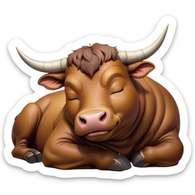 Meme-Worthy Cute Sleeping Brown Bull Portrait Emoji, Head resting peacefully with a contented smile, showcasing a robust, massive build and a luxuriously soft rich brown hide, eyes shut in a serene, restful nap, Simplified yet hilariously adorable features, highly detailed, glowing with a soft, drowsy light, high shine, relaxed and utterly lovable, stylized with an air of playful laziness, bright and heartwarming, soft glowing outline, capturing the essence of a comically sleepy guardian, so meme-worthy it feels like it could instantly become the next viral sensation of adorable slumber! sticker