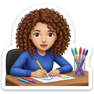 A women curly hair long and light skin with markers on her desk sticker