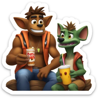 crash bandicoot eating a hot dog with dingodile sticker