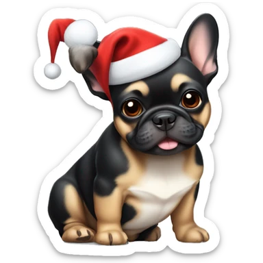 A small, black-and-tan French bulldog with a mostly black face and tan paws, wearing a classic red and white Santa hat, sitting happily with its tongue slightly out. sticker