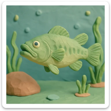 largemouth bass swimming in a pond, visible fingerprints, pastel colors, claymation style sticker