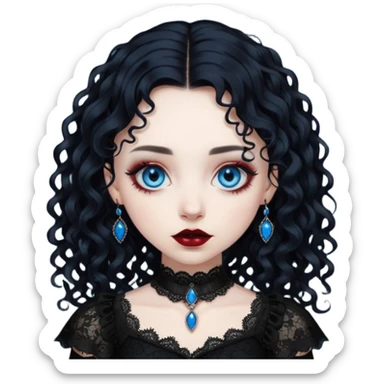 A girl with a dark red goth vampire look in a black goth lace dress with long sleeves longer black curly hair sticker