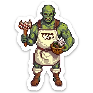 orc male Apron with "Kiss the Cook" (scratched out, replaced with "Fear the Cook"), giant rib bone as a weapon. sticker