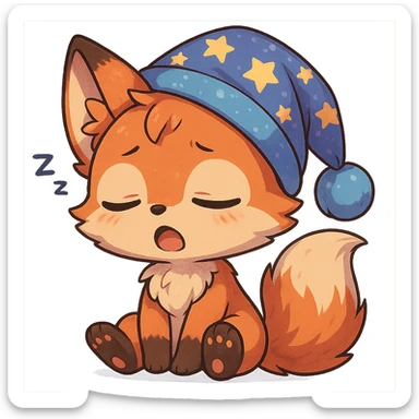 chibi anime style fox character, very sleepy, with a nightcap, cute, colorful, detailed sticker
