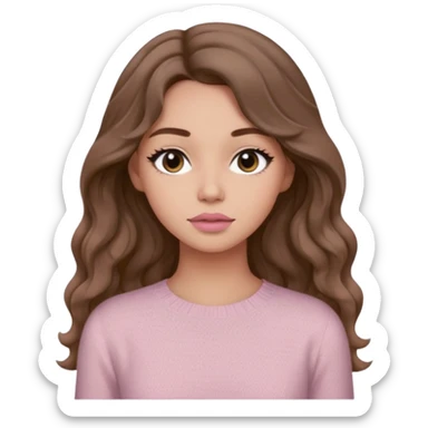 a woman with beige knit long sleeve top, her hair is long wavy brown hair, her face is soft girl style, her eyes color are black and the color of her lip is soft pink sticker