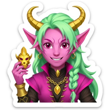 A D&D tiefling with pale green skin and long hot pink hair. She is a rouge and is obsessed with gold sticker