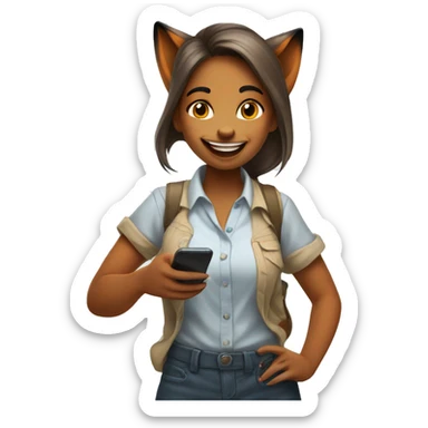  Happy girl Fox in a shirt stands and uses her favourite app in the phone, and stares in the phone sticker