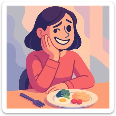 a person hiding their sadness and eating disorder, looking away with a forced smile, plate of food pushed aside, soft pastel colors, gentle lighting, emotional atmosphere sticker