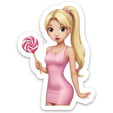 Beautiful woman with long blonde ponytails wearing light pink bodycon dress holding a lollipop sticker
