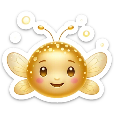 Cinematic tiny glowing firefly, round and chubby, soft golden light, tiny happy face, gentle floating motion, surrounded by dreamy sparkling dots. sticker