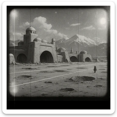 8mm film black and white, no color, light leaks. the image shows post-war reconstruction-era life in the z'rian commonwealth capital region, santa-fe neo-adobe futuristic architechture. arctic temperate region. the image shows a vast airstrip, craters and blast marks, and fortified-hangar-bastions sticker