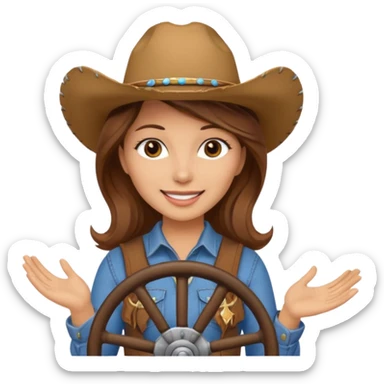 ["Light-skinned cowgirl, brown hair, wearing a cowboy hat, holding the wheel."] sticker