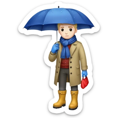 Guy with rain umbrella sad with gloves scarfs and boots sticker