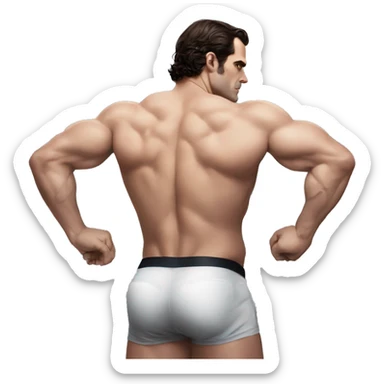 Henry cavill in a jock, backwards view, stretching glutes sticker