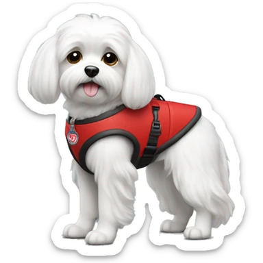 Maltese wearing a red service dog vest with to bleck straps sticker