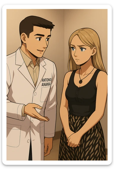 fai un webtoon/manga a colori con questo kinesiologo in camice bianco (fagli la scritta "ANTONIO ANANIA" SUL CAMICE) CHE PARLA CON QUESTA RAGAZZA CON GLI OCCHI AZZURRI. la ragazza gli fa una domanda preoccupata e IL KINESIOLOGO CON IL CAMICE BIANCO LE risponde. NON FARE I FUMETTI, FAI SOLO LORO COME SE DIALOGASSERO sticker