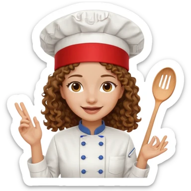 Long curly hair, happy, wearing chef uniform and chef hat sticker
