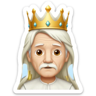 old man with long white hair and has no moustache wearing a white shirt and a crown sticker