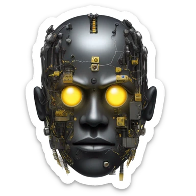 black metal cyborg head with circuitry, one artificial eyeball, and yellow Mohawk goatee sticker