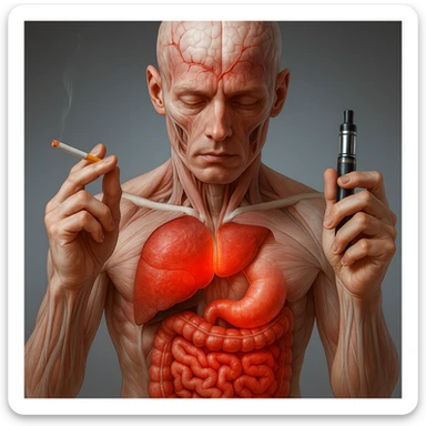 Medical illustration, hyperrealistic 4K, realistic anatomical human body, inflamed liver and intestine highlighted, holding a lit normal cigarette in the right hand and an electronic cigarette in the left hand, clear background, extremely detailed, same lighting and style as the reference image. sticker