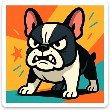 angry black and white French bulldog vibrant cartoon style sticker