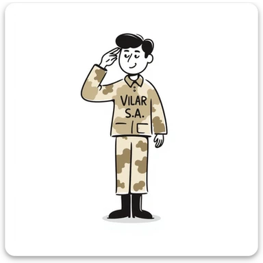 soldadito militar con camuflaje en crema, marrón y beige, saludando, con 'Vilar S.A.' escrito en el pecho, estilo dibujo a mano alzada sticker