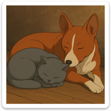 A gray British Shorthair cat curled up and sleeping next to a red Basenji dog sticker