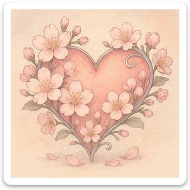 heart with sakura flowers and silver accents, ghibli style sticker