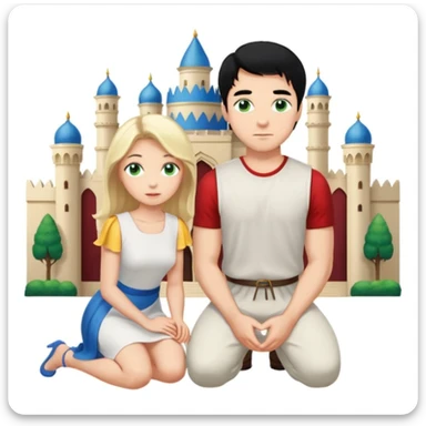 Man as prince, upright, black Hair, blue eyes, woman, blonde, green eyes, shott white sleveless Dress, kneeling, background palace sticker