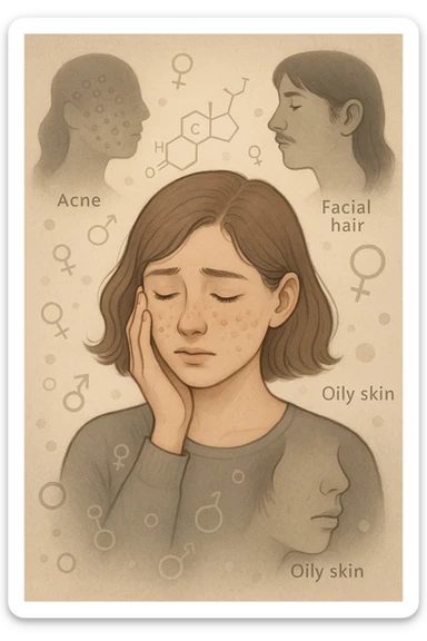 A young woman is surrounded by faint overlays of hormonal symbols and androgen molecules, with shadowy images of acne, facial hair, and oily skin projected around her, symbolizing the symptoms of PCOS with androgen excess. She looks down, gently touching her face with a resigned but hopeful expression, symbolizing her journey toward managing these symptoms. sticker