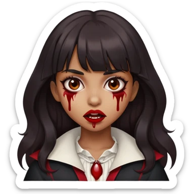 Brown girl, with wavy black hair, straight bangs, brown eyes, Vampiric appearance, Brown skin tone but not too dark, Blood in the mouth  sticker