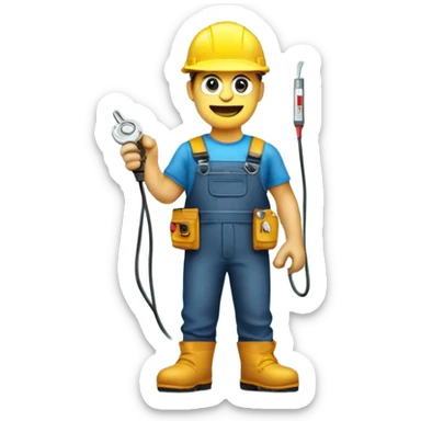 electrician in a hard hat and jumpsuit, holding a coiled wire and a voltage tester, with a utility belt sticker