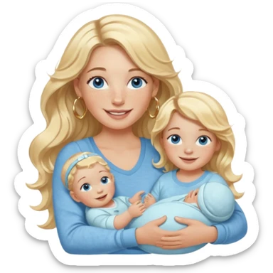 Wavy blonde, white woman with blue eyes, freckles hoop earrings, holding babies smiling and really cute in gold hoops she needs to be holding three newborns, and she needs to be more cute than pretty sticker