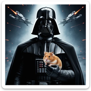 Extreme Closeup Photo of a darth vader holding big hamster, low key light, explosion startship background with leading lines, back light, spot light sticker