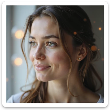 realistic medical art photograph of a serene and confident woman with PCOS, symbolically represented with improved healthy glowing oocytes next to her or in transparency, clinical or bright environment, natural light sticker