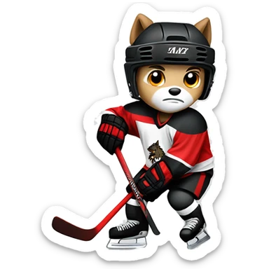 A wolf hockey player in a white red and black uniform holds a puck sticker